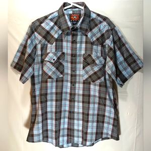 Vintage Painted Mesa short sleeve 16 1/2 Western style black, blue, & red shirt